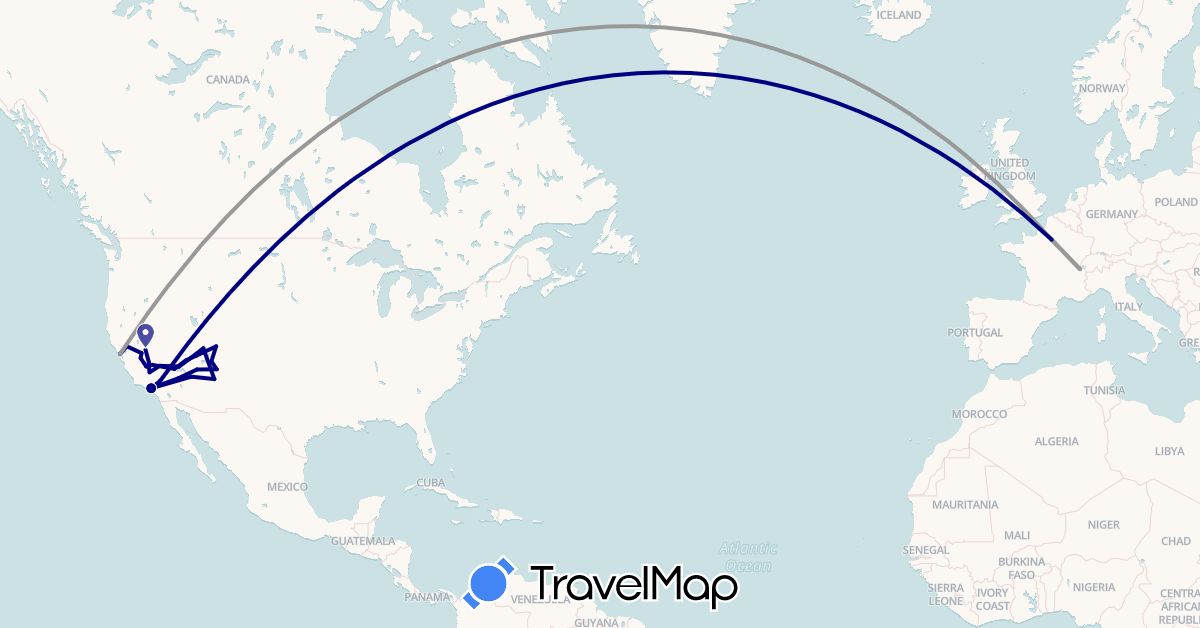 TravelMap itinerary: driving, plane in Switzerland, France, United States (Europe, North America)